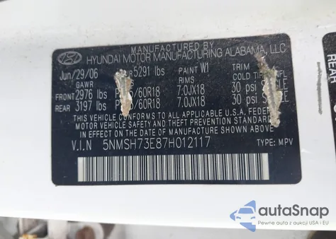 2007 Hyundai Santa Fe Se/Limited z USA, uszkodzony, nr VIN 5NMSH73E87H012117